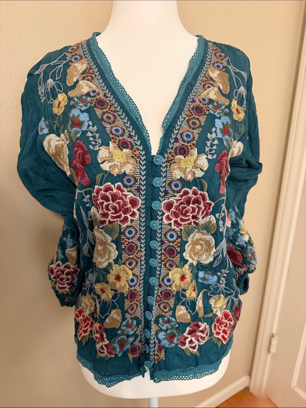 Johnny Was Teal Embroidered Floral Button-Front Blouse